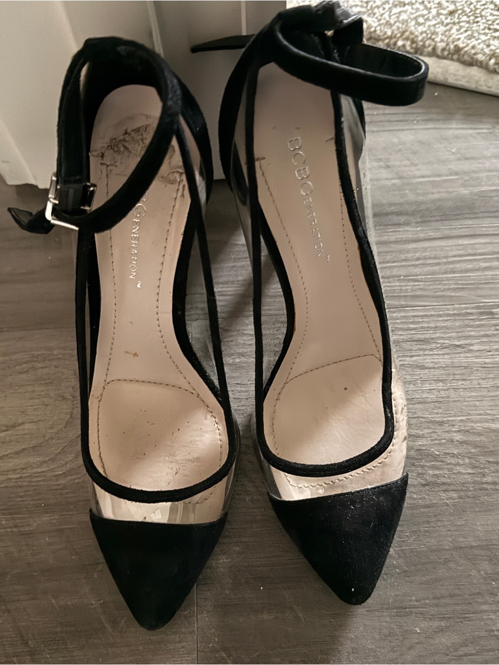 BCBGeneration Black Pointed-Toe Ankle-Strap Pumps with Clear Panels